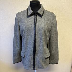 VTG Oscar De La Renta Sz 10 Gray lined Wool Jacket Leather Trim Classic Designer